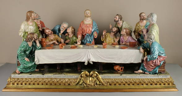 36" Capodimonte Bruno Merli Figurine "Last Supper": MANUFACTURE: King's Porcelain (Italy) SCULPTOR: Bruno Merli NAME: Last Supper YEAR: 1952 - 1960 CONDITION: One hand was reattached. Few fingers were restored. Hairline crack to base. HEIGHT: 90 inch /