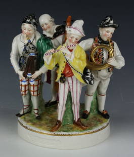 Capodimonte Figurine "Four Musicians": MANUFACTURE: Capodimonte (Italy) NAME: Four Musicians CONDITION: Restorations to one finger and tips of musical instruments. NO BOX. HEIGHT: 8 1/2 inch / 21 cm WIDTH: 8 inch / 20 cm DEEP: 7 1/2 inch /