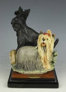 Giuseppe Armani Figurine 456S dogs "Odd Couple": MANUFACTURE: Florence - Giuseppe Armani (Italy) NAME: Odd Couple NUMBER: 456S ISSUED: 1995 CONDITION: No chips, no cracks. Minor damage to corner of wooden base. NO BOX. HEIGHT: 6 1/2 inch / 16 cm WID