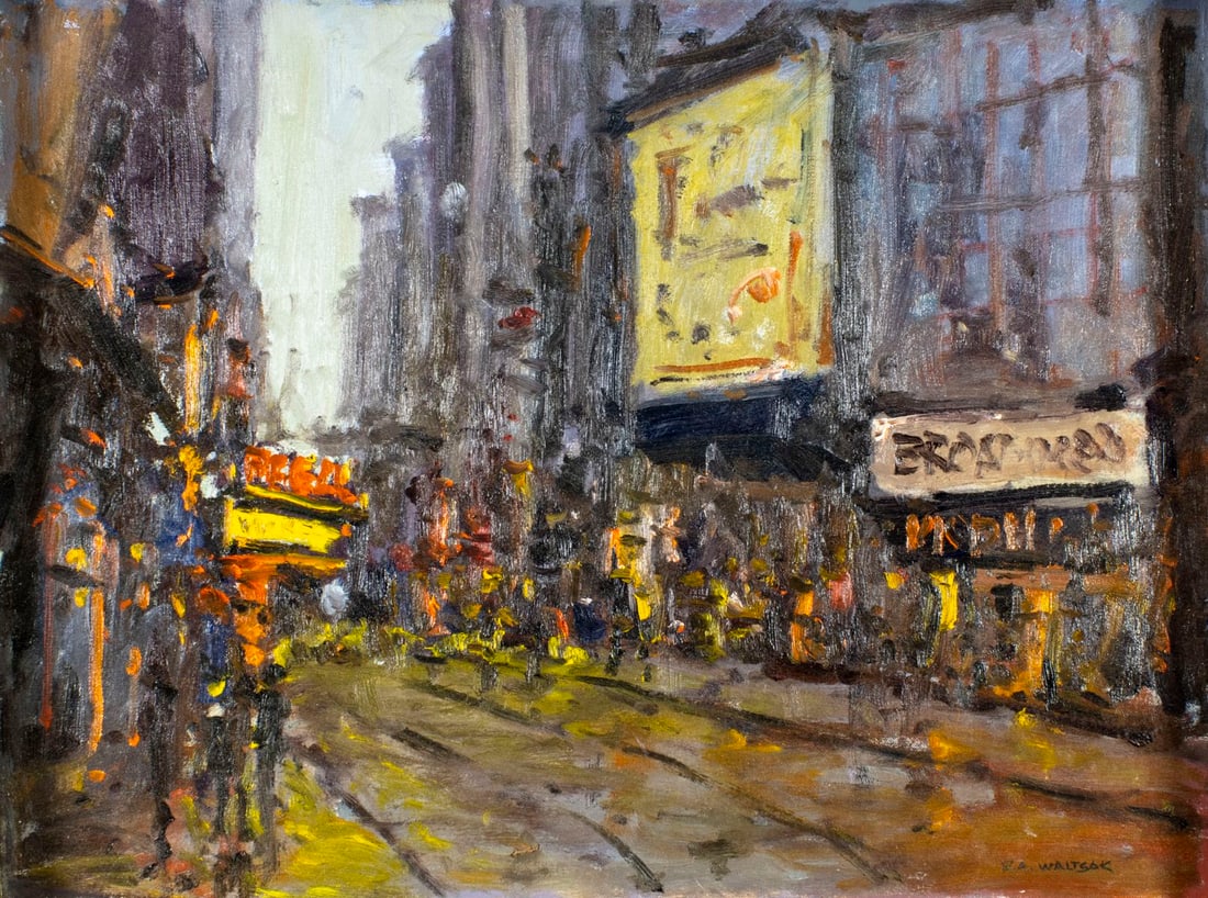 Robert Waltsak (NJ,b 1944) oil painting: ARTIST: Robert Alan Waltsak (New Jersey, born 1944) TITLE: Broadway Street Scene MEDIUM: oil on canvas CONDITION: Very good. No visible inpaint under UV light. ART SIZE: 18 x 24 inches / 45 x 60 cm FR