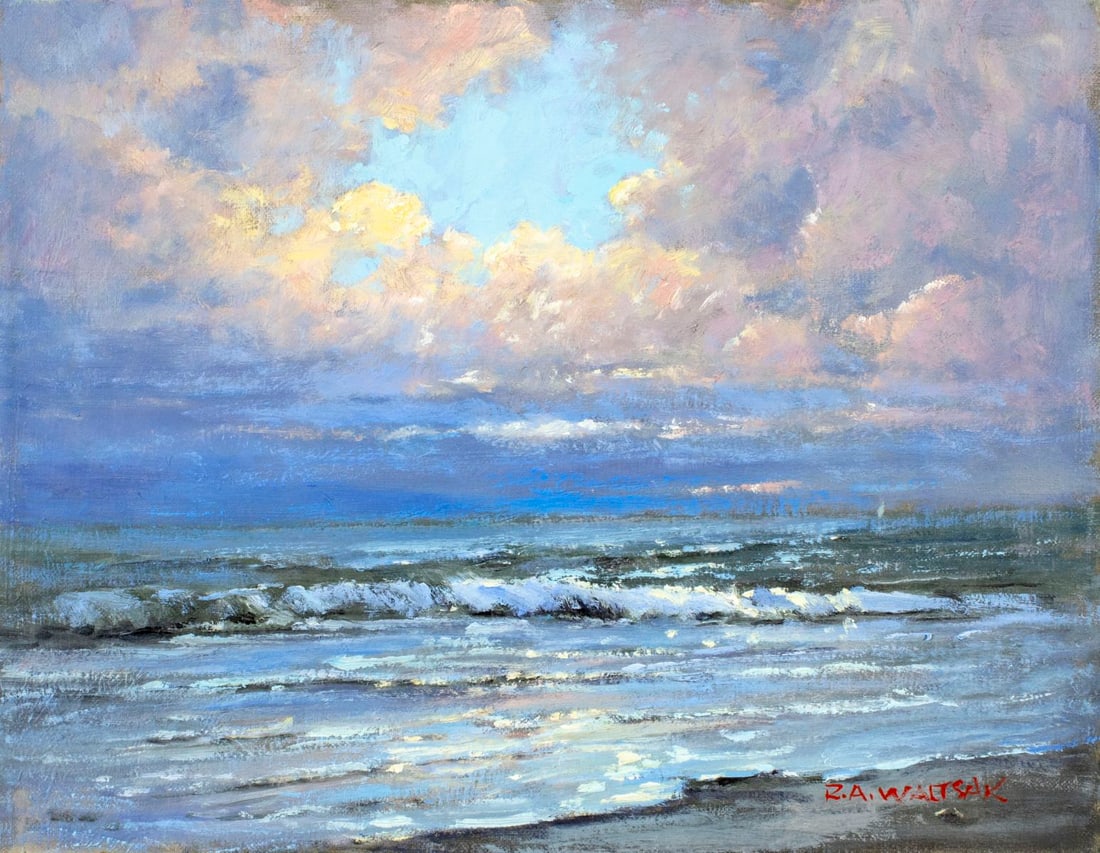 Robert Waltsak (NJ,b 1944) oil painting: ARTIST: Robert Alan Waltsak (New Jersey, born 1944) TITLE: Sunset Seascape MEDIUM: oil on canvas CONDITION: Very good. No visible inpaint under UV light. ART SIZE: 16 x 20 inches / 40 x 50 cm FRAME SI