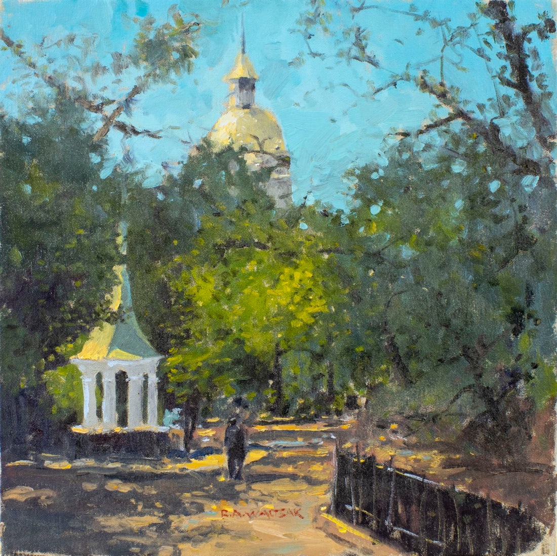 Robert Waltsak (NJ,b 1944) oil painting: ARTIST: Robert Alan Waltsak (New Jersey, born 1944) TITLE: Park Scene MEDIUM: oil on canvas CONDITION: Very good. No visible inpaint under UV light. ART SIZE: 16 x 16 inches / 40 x 40 cm FRAME SIZE: u