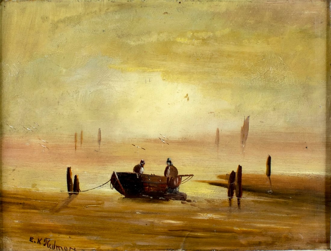 Edward King Redmore (UK,1860-1941) oil painting antique: ARTIST: Edward King Redmore (United Kingdom, 1860 - 1941) TITLE: Coastal Seascape with Boat MEDIUM: oil on board CONDITION: One 1" long crack to lower edge. Few small paint losses. No visible inpaint 