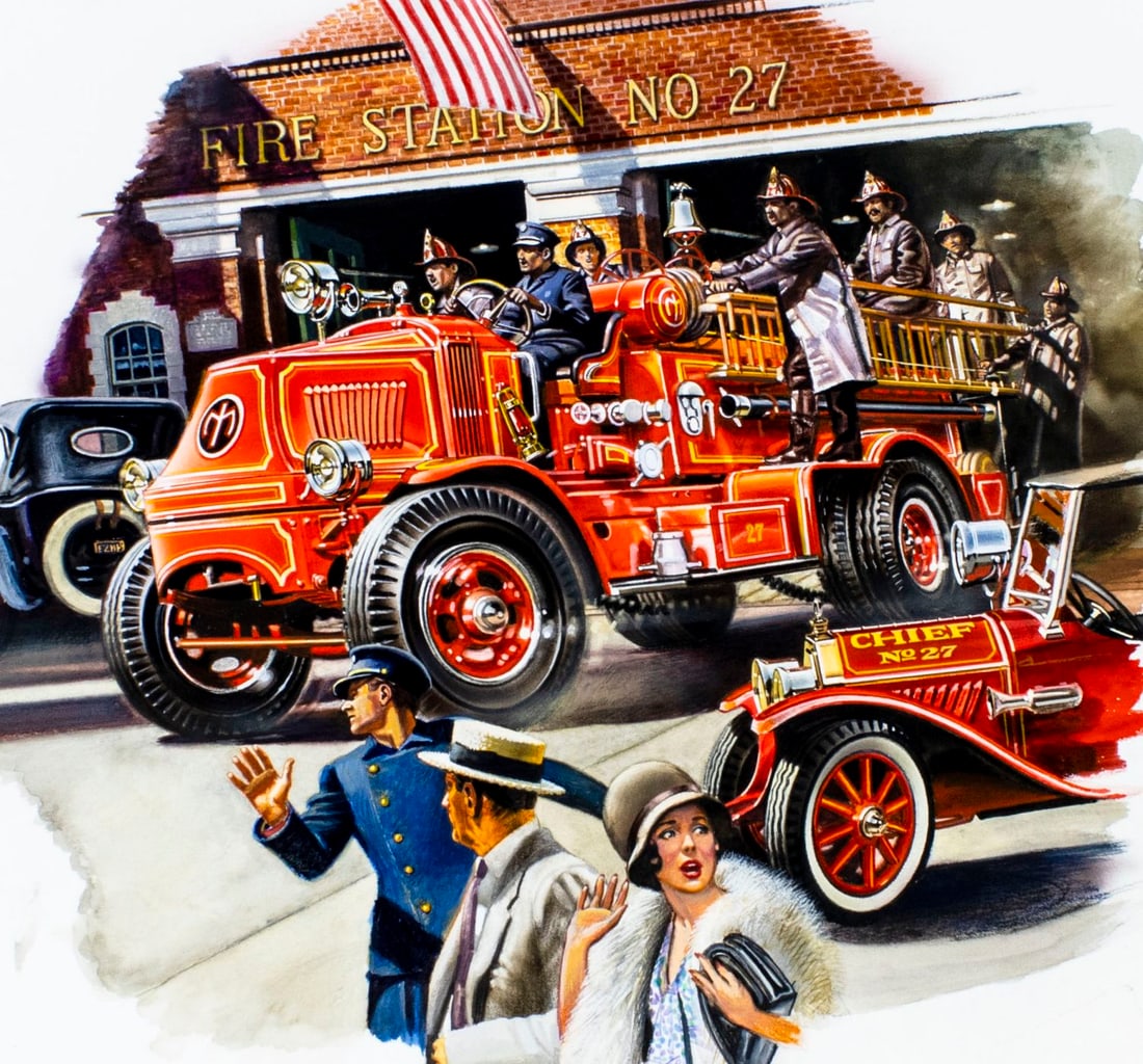 William Teodecki (MD,20C) gouache painting: ARTIST: William G Teodecki (Maryland, 20 century) TITLE: Illustration - Firetruck MEDIUM: gouache on heavy paper CONDITION: Very good. ART SIZE: 14 x 16 inches / 35 x 40 cm PAPER SIZE: 21 x 20 inches
