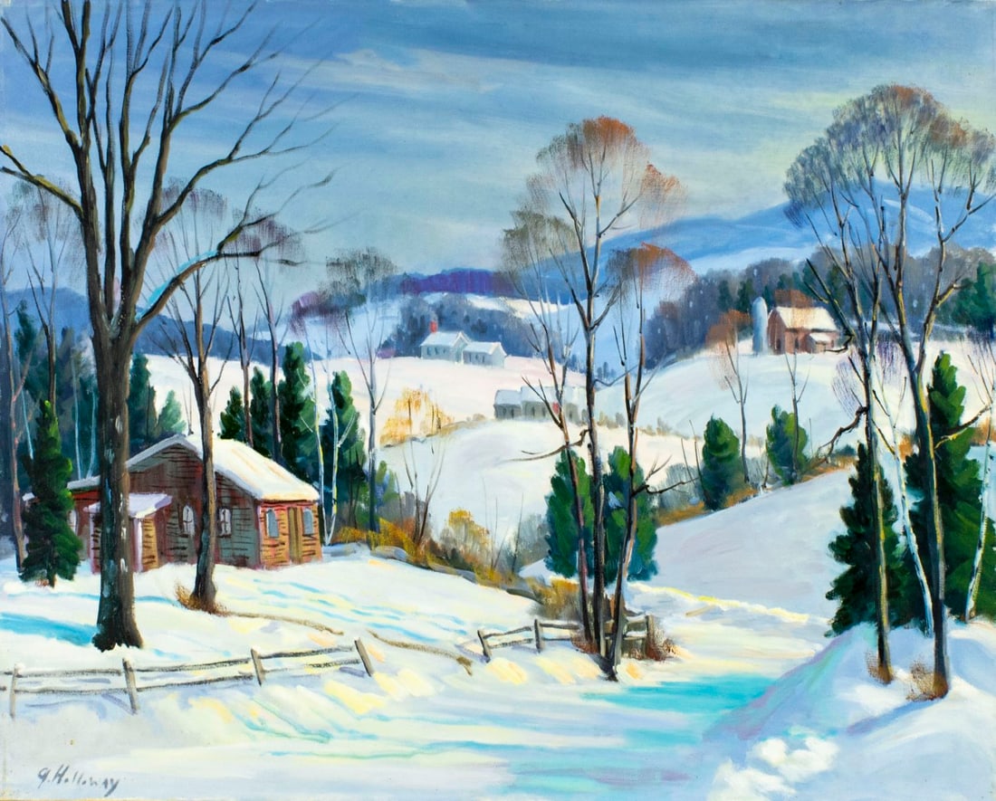 George Holloway (NJ,20C) oil painting: ARTIST: George Holloway (New Jersey, 20 century) TITLE: Winter Country Landscape MEDIUM: oil on canvas CONDITION: Very good. No visible inpaint under UV light. Normal wear along edges. ART SIZE: 24 x