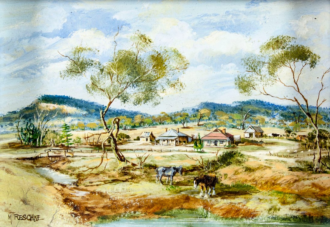 Maureen J Reschke (Australia,1933-?) oil painting: ARTIST: Maureen Joy Reschke (Australian, 1933 - ???) TITLE: Farm Landscape MEDIUM: oil on board CONDITION: Very good. No visible inpaint under UV light. ART SIZE: 5 x 7 inches / 12 x 17 cm FRAME SIZE:
