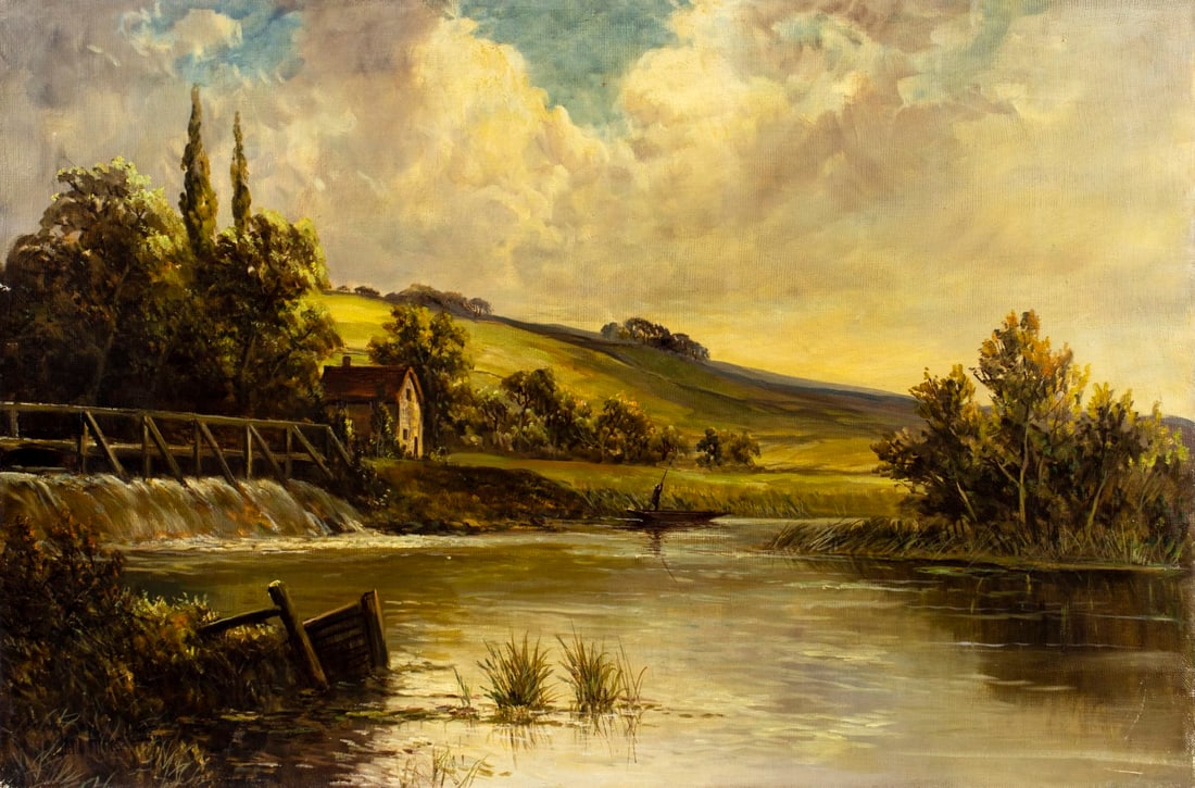 David Hicks Jr (UK,mid 20C) oil painting: ARTIST: David Hicks Jr (United Kingdom, mid 20 century) TITLE: River Landscape MEDIUM: oil on canvas CONDITION: Few minor scratches/paint losses. Minor damages to edge of canvas. No visible inpaint un