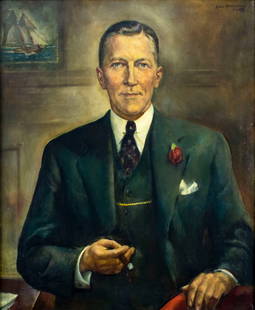 Karl Anderson (CT,OH,1874-1956) oil painting: ARTIST: Karl J Anderson (Connecticut, Ohio, 1874 - 1956) TITLE: Portrait of Horace Beach Merwin YEAR: 1949 MEDIUM: oil on canvas CONDITION: Minor paint losses. Minor craquelure. No visible inpaint und