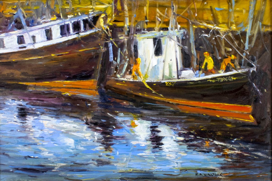 Robert Waltsak (NJ,b 1944) oil painting: ARTIST: Robert Alan Waltsak (New Jersey, born 1944) TITLE: The End of the Day (titled on verso) MEDIUM: oil on canvas CONDITION: Very good. No visible inpaint under UV light. Minor damages to frame. A