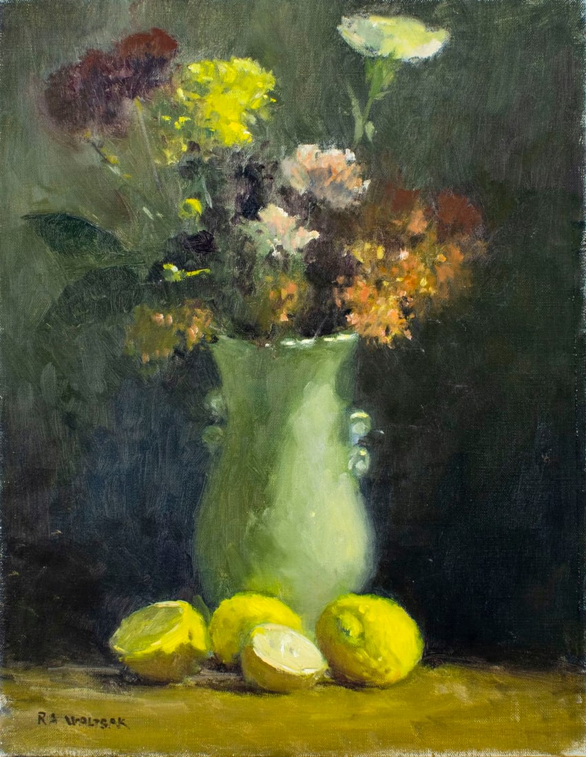Robert Waltsak (NJ,b 1944) oil painting: ARTIST: Robert Alan Waltsak (New Jersey, born 1944) TITLE: Still Life with Vase of Flowers and Lemons MEDIUM: oil on canvas CONDITION: Minor paint losses along edges. No visible inpaint under UV light