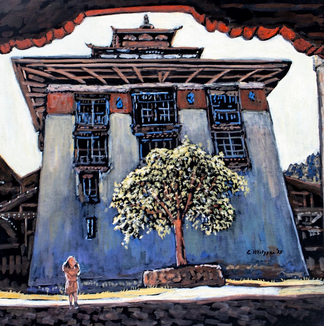 Evelyn Metzger (NY,Brazil,1911-2007) oil painting: ARTIST: Evelyn Borchard Metzger (New York, Brazilian, 1911 - 2007) TITLE: Punakha Dzong, Bhutan (titled on verso) YEAR: 1995 MEDIUM: oil on board CONDITION: Few minor scratches/paint losses. No visibl