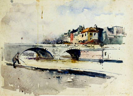 ATTRIB Charles Woodbury (ME,MA,1864-1940) watercolor painting: ARTIST: ATTRIBUTED TO Charles Herbert Woodbury (Maine, Massachusetts, 1864 - 1940) NAME: Cityscape - Paris Canal YEAR: 1891 MEDIUM: watercolor on heavy paper CONDITION: Some minor foxing and scattered