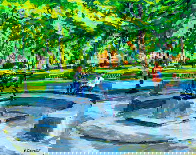 Benjamin Eisenstat (PA,1915-2001) oil painting: ARTIST: Benjamin Eisenstat (Pennsylvania, 1915 - 2001) TITLE: Cityscape - The Goat, Rittenhouse Square, Philadelphia, PA (titled on label) MEDIUM: oil on board CONDITION: Small damages to lower corner