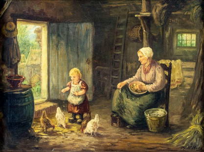 ATTRIB Bernard De Hoog (Dutch,Belgian,1867-1943) oil painting antique: ARTIST: ATTRIBUTED TO Bernard Johan De Hoog (Netherlands, Belgium, 1867 - 1943) TITLE: Mother and Child Feeding Chickens MEDIUM: oil on canvas CONDITION: Some craquelure. Some small scattered inpainti