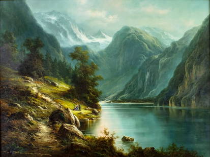 Ludwig Munninger (German,1929-1997) oil painting: ARTIST: Ludwig Munninger (Germany, 1929 - 1997) TITLE: Landscape - Lake Koenigsee, Berchtesgaden, Germany (titled on verso) MEDIUM: oil on canvas CONDITION: One patch repaired tear with corresponding