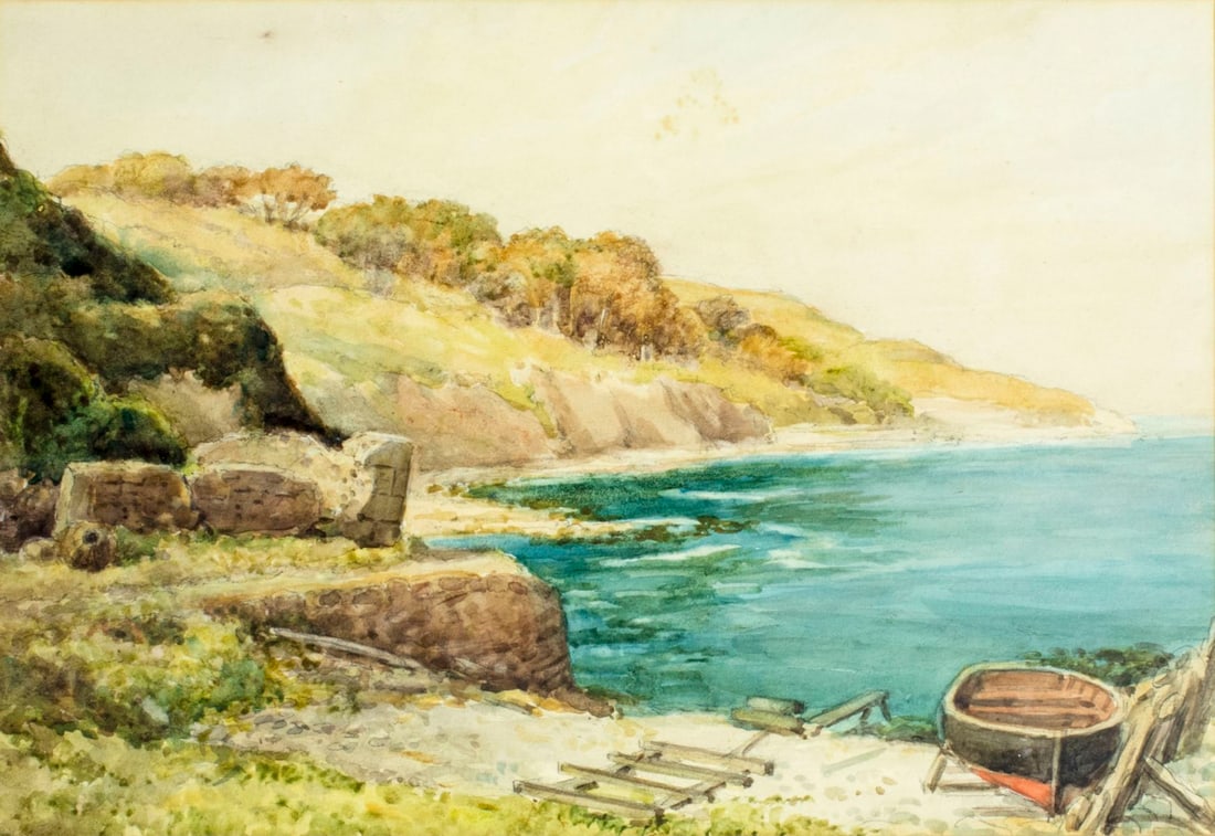 John Crawford (UK,19/20C) watercolor painting antique: ARTIST: John Alexander Crawford (British, 19/20 century) NAME: Landscape - Castle Haven YEAR: circa 1925 - 1930 MEDIUM: watercolor on paper CONDITION: Minor foxing in the sky area. Some age toning. Fr