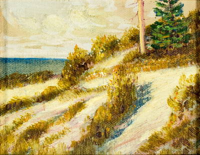 Glenn Bastian (IN,OH,1890-1966) oil painting: ARTIST: Glenn Franklin Bastian (Indiana, Ohio, 1890 - 1966) NAME: Hillside Landscape MEDIUM: oil on canvas board CONDITION: Very good. No visible inpaint under UV light. SIGHT SIZE: 4 x 5 inches / 10
