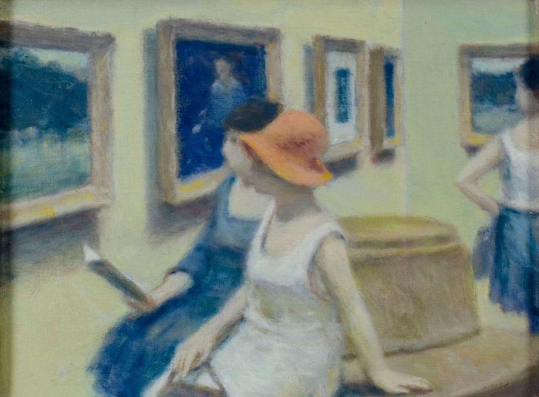 Andre Gisson (French,NY,CT,1921-2003) oil painting: ARTIST: Andre Gittelson Gisson (New York, Connecticut, France, 1921 - 2003) TITLE: Museum Scene MEDIUM: oil on canvas CONDITION: Missing a few small flakes of paint. No visible inpaint under UV light.