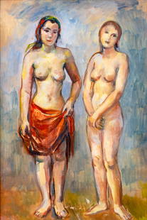 Bernard Karfiol (NY,NJ,Hungary,1886-1952) oil painting: ARTIST: Bernard Karfiol (New York, New Jersey, Hungarian, 1886 - 1952) TITLE: Standing Nudes (titled on COA) MEDIUM: oil on canvas CONDITION: Some paint losses mostly by the lower edge (see pictures c