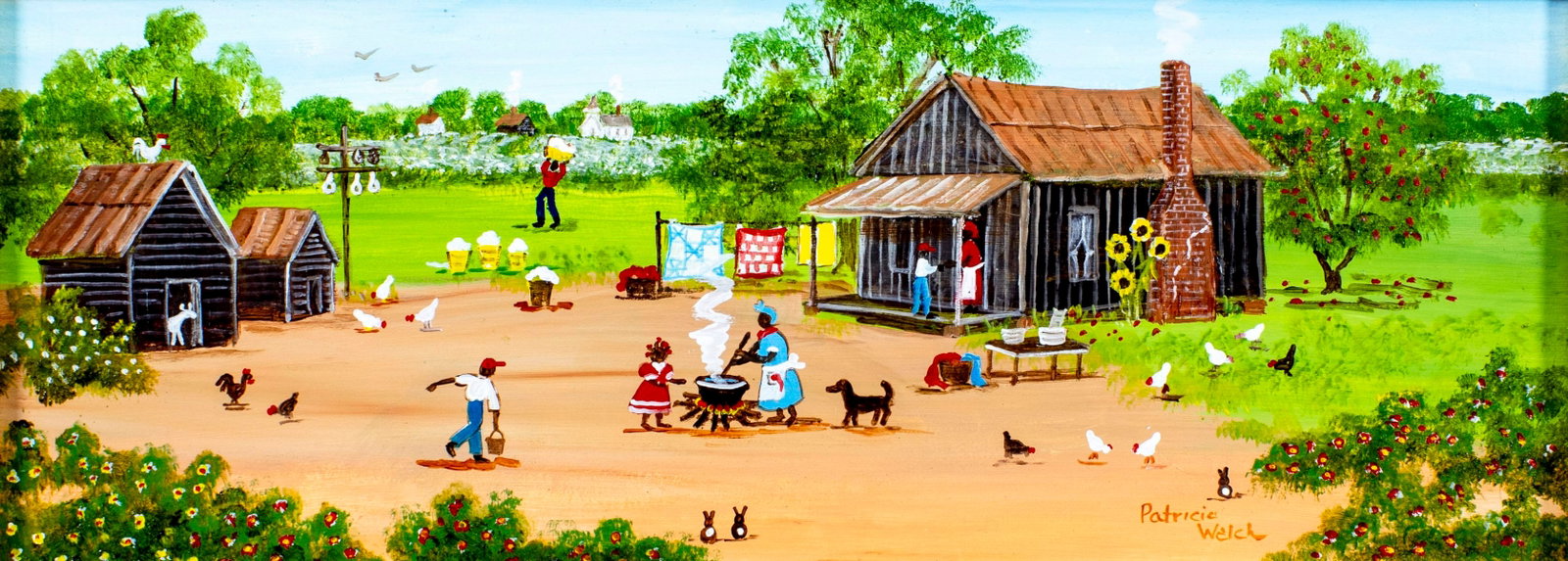 Patricia Welch (GA,20C) oil painting: ARTIST: Patricia Welch (Georgia, 20 century) TITLE: Wash Day (titled on verso) MEDIUM: oil on board CONDITION: Few minor paint losses. No visible inpaint under UV light. Wear to frame. ART SIZE: 6 x 1