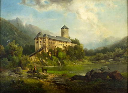 Dedo Carmiencke (German,1840-1907) oil painting antique: ARTIST: Dedo Carmiencke (Germany, 1840 - 1907) TITLE: Landscape with Castle YEAR: 1869 MEDIUM: oil on canvas CONDITION: Minor paint losses. Minor craquelure. Some small scattered inpaintings. ART SIZE