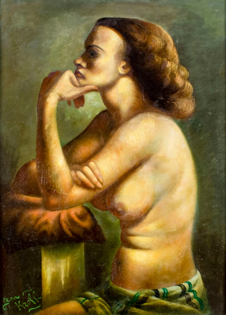 ATTR Leon Kroll (NY,NM,Europe,1884-1974) oil painting: ARTIST: ATTRIBUTED TO Abraham Leon Kroll (New York, New Mexico, European, 1884 - 1974) TITLE: Nude MEDIUM: oil on board CONDITION: Few minor scratches/paint losses. Some scattered inpaintings. ART SIZ