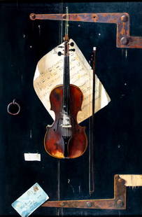 AFTER William M Harnett (PA,NY,1842-1892) oil painting: ARTIST: John R Young (Virginia, 20 century) AFTER William Michael Harnett (Pennsylvania, New York, 1842 - 1892) TITLE: Still Life - The Old Violin (titled on verso) YEAR: 1993 MEDIUM: oil on board CON