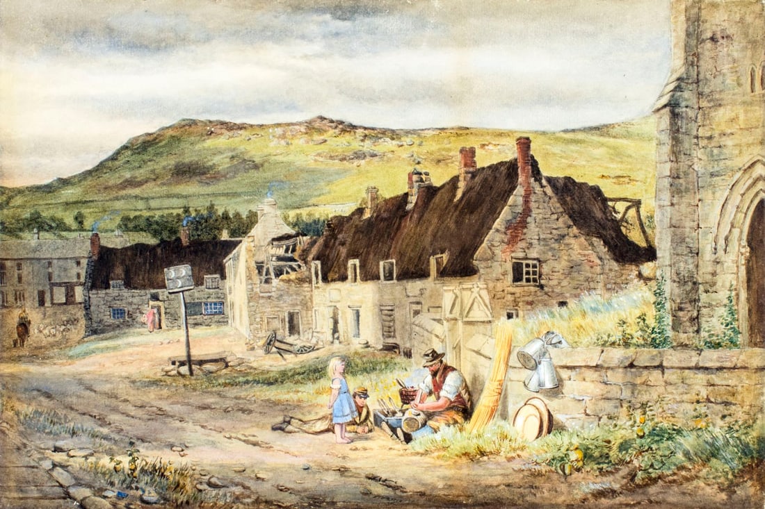 Antique 19C British watercolor painting: ARTIST: - (British, 19 century) TITLE: Country Scene YEAR: 1846 MEDIUM: watercolor on paper CONDITION: Some age toning. ART SIZE: 12 x 18 inches / 30 x 45 cm FRAME SIZE: unframed (In-House framing ava