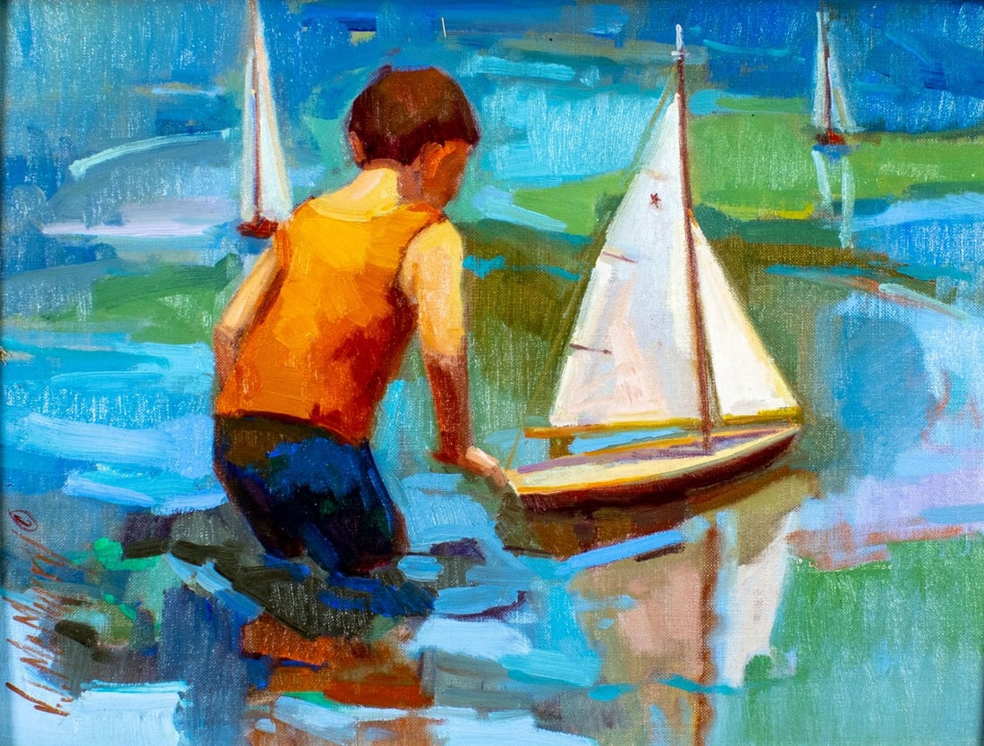 Vicki McMurry (TX,20C) oil painting: ARTIST: Vicki McMurry (Texas, 20 century) TITLE: Sail Away (titled on verso) MEDIUM: oil on canvas. Canvas applied to board. CONDITION: Very good. No visible inpaint under UV light. ART SIZE: 12 x 16 