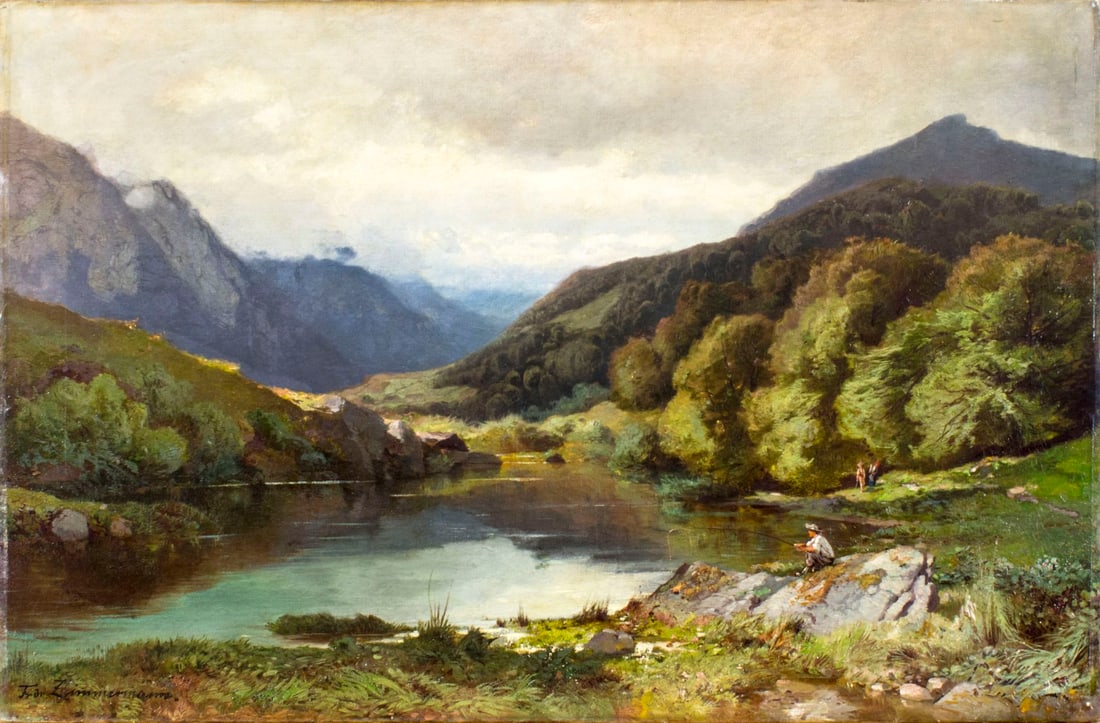 Friedrich Zimmermann (Swiss,1823-1884) oil painting antique: ARTIST: Fred Zimmerman (Switzerland, 1823 - 1884) NAME: Mountain Lake Landscape MEDIUM: oil on canvas CONDITION: Few minor paint losses. Some craquelure. No visible inpaint under UV light. SIGHT SIZE: