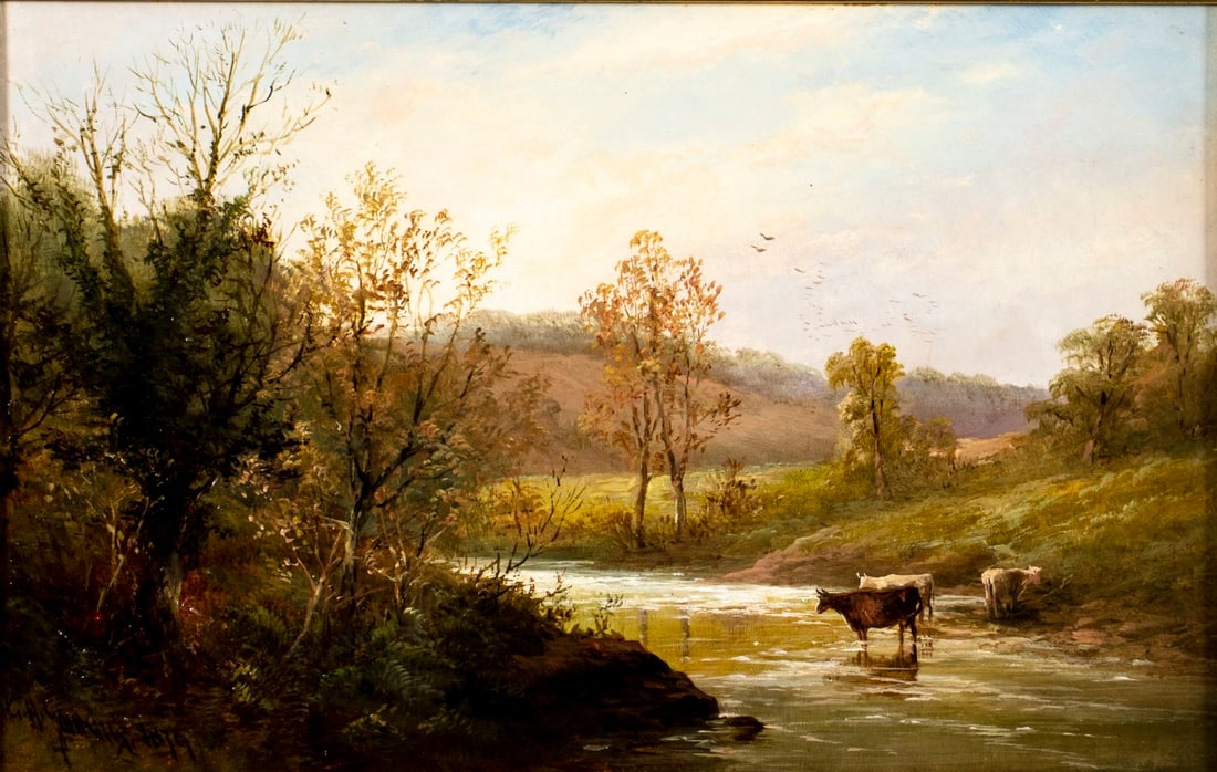 Antique 19C British oil painting signed: ARTIST: - (United Kingdom, 19 century) TITLE: River Landscape with Cows YEAR: 1879 MEDIUM: oil on board CONDITION: Minor paint losses. No visible inpaint under UV light. Normal wear to frame. ART SIZE