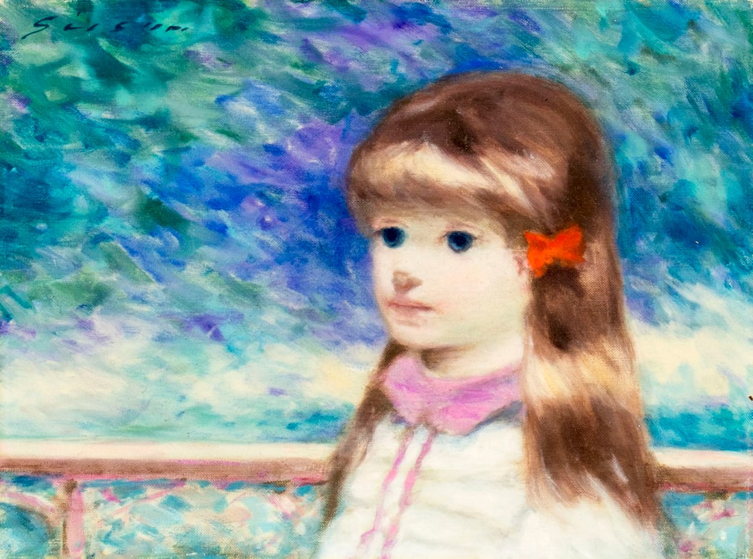 Andre Gisson (French,NY,CT,1921-2003) oil painting: ARTIST: Andre Gittelson Gisson (New York, Connecticut, France, 1921 - 2003) NAME: Portrait of Girl MEDIUM: oil on canvas CONDITION: Minor craquelure. No visible inpaint under UV light. SIGHT SIZE: 9 x