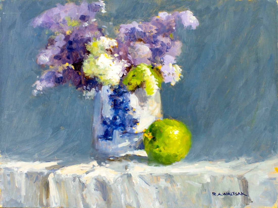 Robert Waltsak (NJ,b 1944) oil painting: ARTIST: Robert Alan Waltsak (New Jersey, born 1944) TITLE: Still Life with Vase of Flowers and Apple MEDIUM: oil on board CONDITION: Very good. No visible inpaint under UV light. ART SIZE: 12 x 16 inc