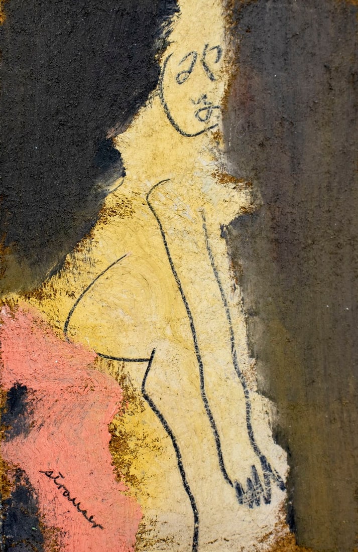 Sterling Strauser (PA,1907-1995) oil painting: ARTIST: Sterling Boyd Strauser (Pennsylvania, 1907 - 1995) TITLE: Nude MEDIUM: oil on board CONDITION: Very good. No visible inpaint under UV light. ART SIZE: 4 x 3 inches / 10 x 7 cm FRAME SIZE: unfr
