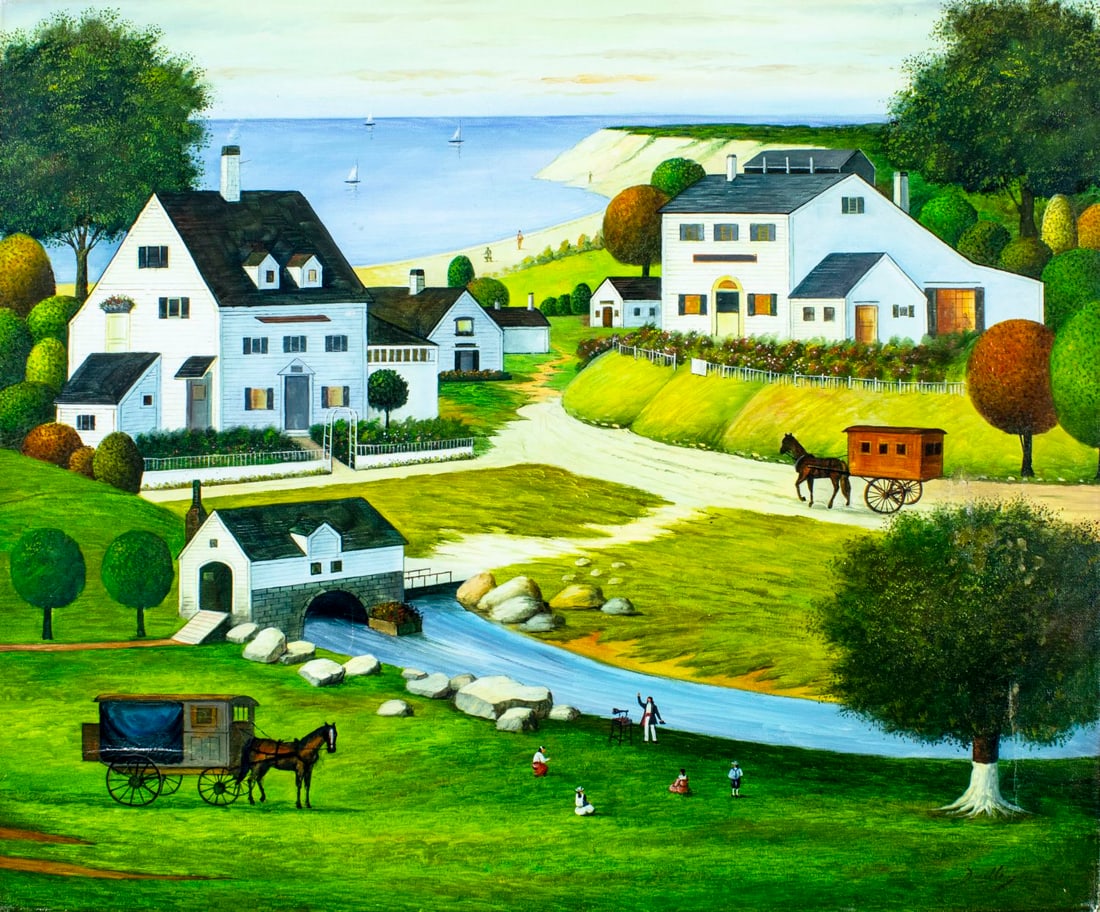 Dudley (US,20C) oil painting: ARTIST: Dudley (American, 20 century) TITLE: Coastal Town Scene MEDIUM: oil on canvas CONDITION: Few small scratches/paint losses. Minor craquelure. Some small scattered inpaintings mostly by the righ