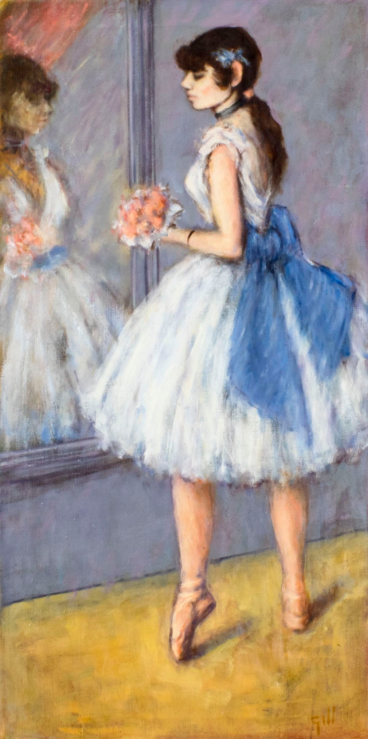 Gill (US,mid 20C) oil painting: ARTIST: Gill (American, mid 20 century) TITLE: Ballerina with Flowers MEDIUM: oil on canvas CONDITION: Very good. No visible inpaint under UV light. ART SIZE: 40 x 20 inches / 101 x 50 cm FRAME SIZE: