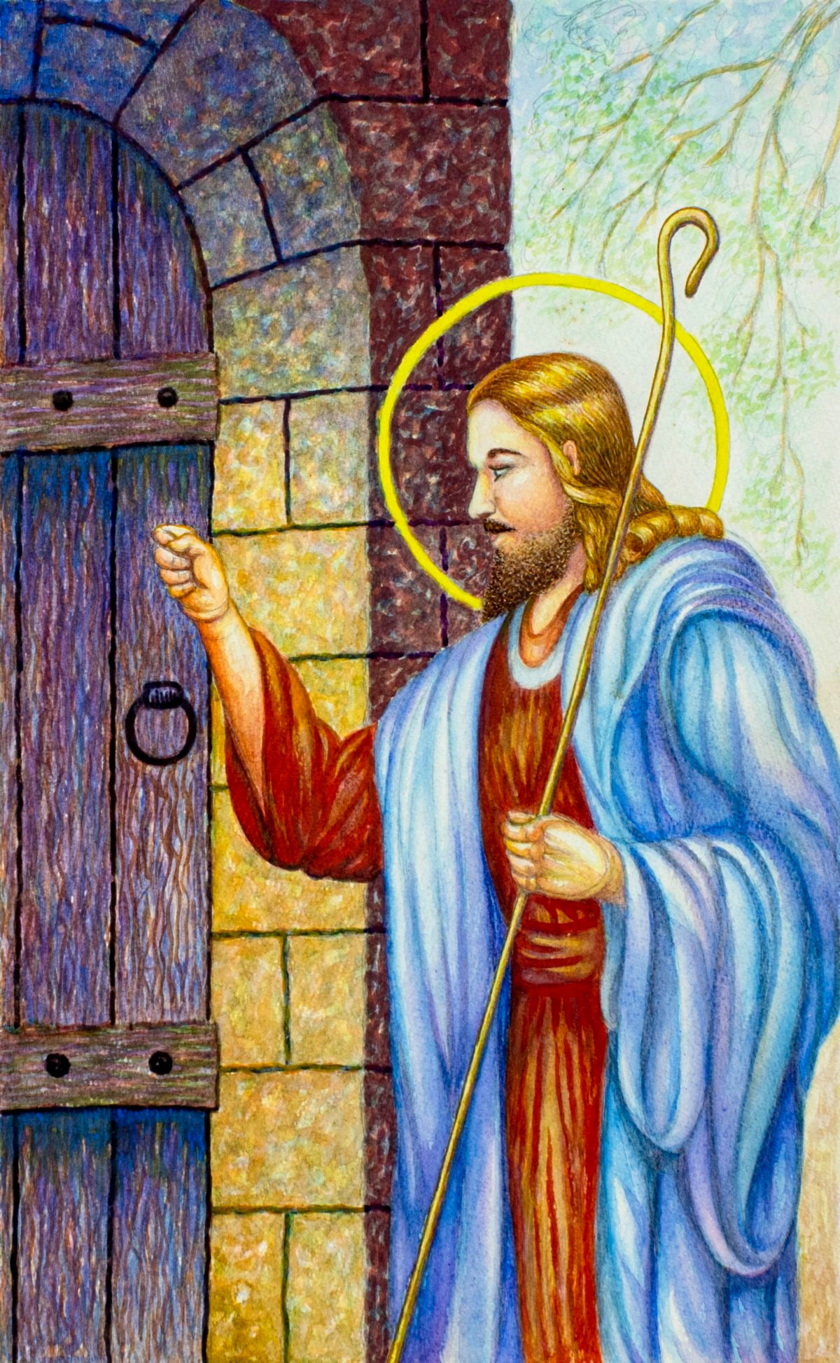 Joseph L Boyd (LA,20C) watercolor painting: ARTIST: Joseph L Boyd (Louisiana, 20 century) TITLE: Illustration - Jesus Knocking the Door MEDIUM: watercolor on paper CONDITION: Minor foxing mostly in the upper right quadrant. ART SIZE: 16 x 10 in