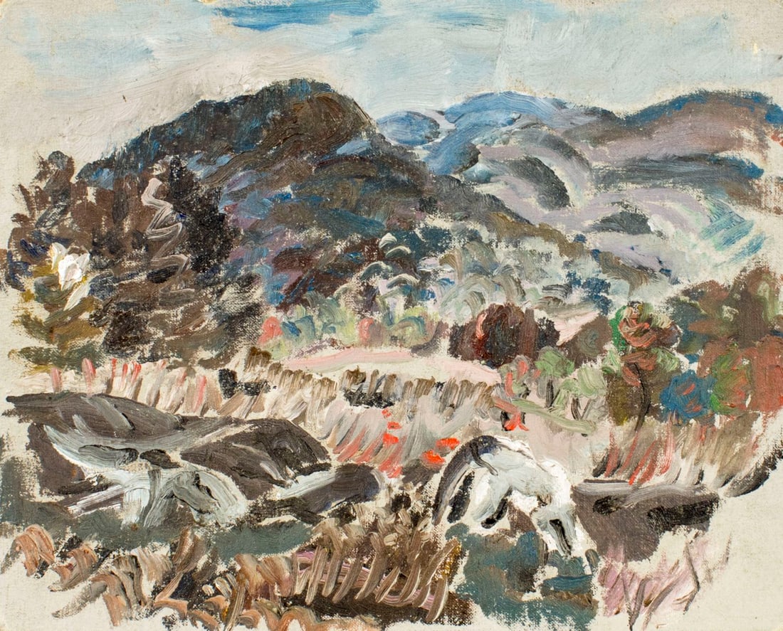 Richard B Coolidge (NY,ME,1890-1964) oil painting: ARTIST: Richard Burton Coolidge (New York, Maine, 1890 - 1964) TITLE: Landscape MEDIUM: oil on board CONDITION: Minor damages to edges. No visible inpaint under UV light. ART SIZE: 8 x 10 inches / 20 