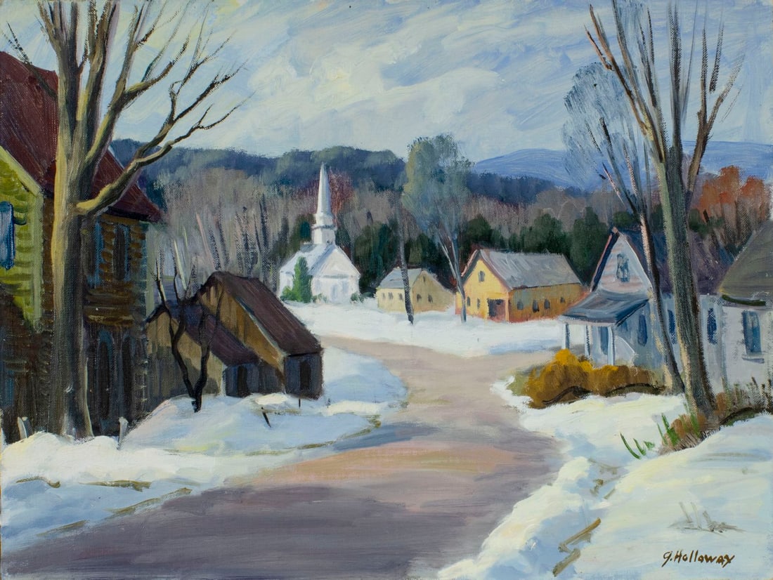 George Holloway (NJ,20C) oil painting: ARTIST: George R Holloway (New Jersey, 20 century) TITLE: Winter Country Landscape MEDIUM: oil on canvas board CONDITION: Very good. No visible inpaint under UV light. Normal wear along edges. ART SIZ