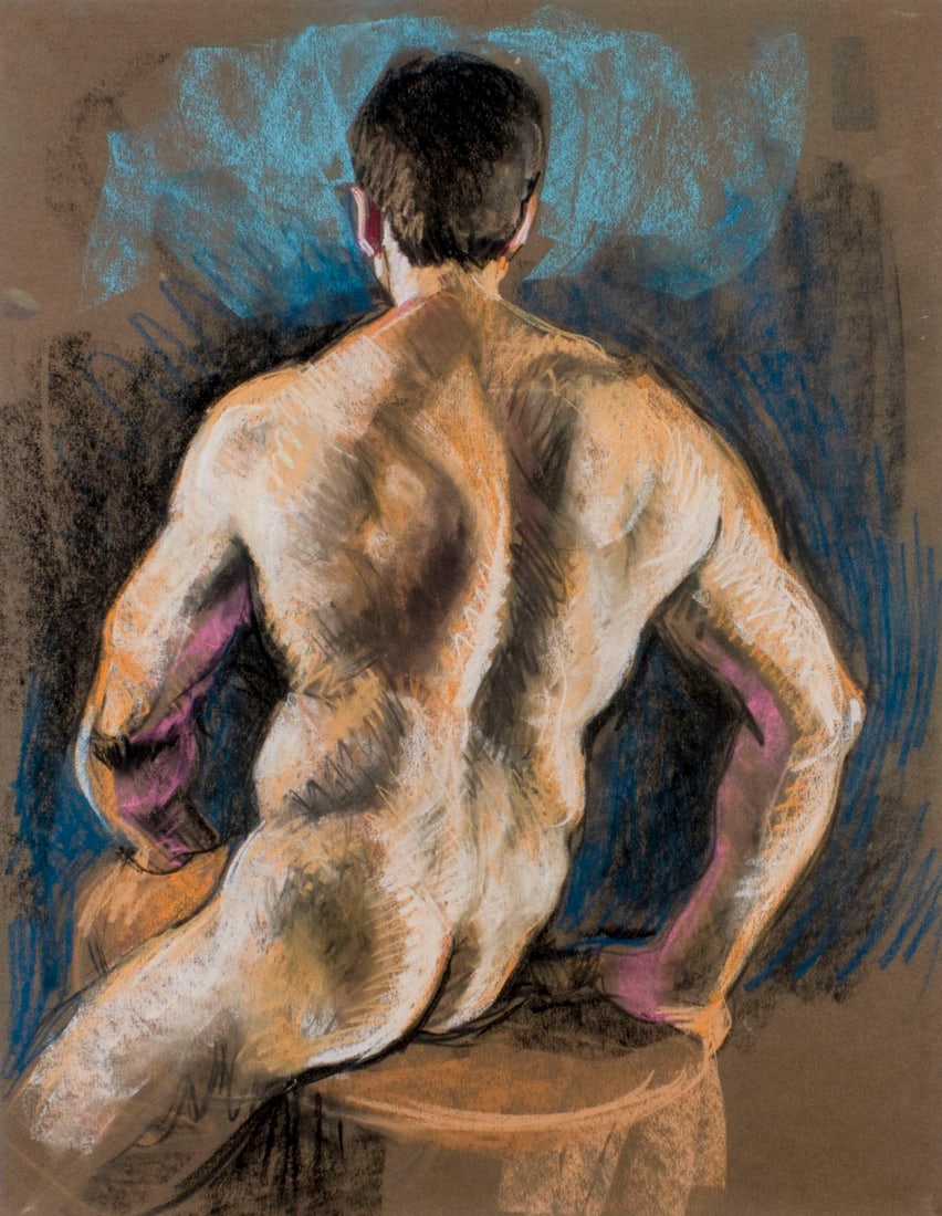 Karl Foster (PA,b 1933) pastel painting: ARTIST: Karl Foster (Pennsylvania, born 1933) TITLE: Male Nude MEDIUM: pastel on heavy paper CONDITION: Very good. ART SIZE: 26 x 20 inches / 66 x 50 cm FRAME SIZE: unframed (In-House framing availabl