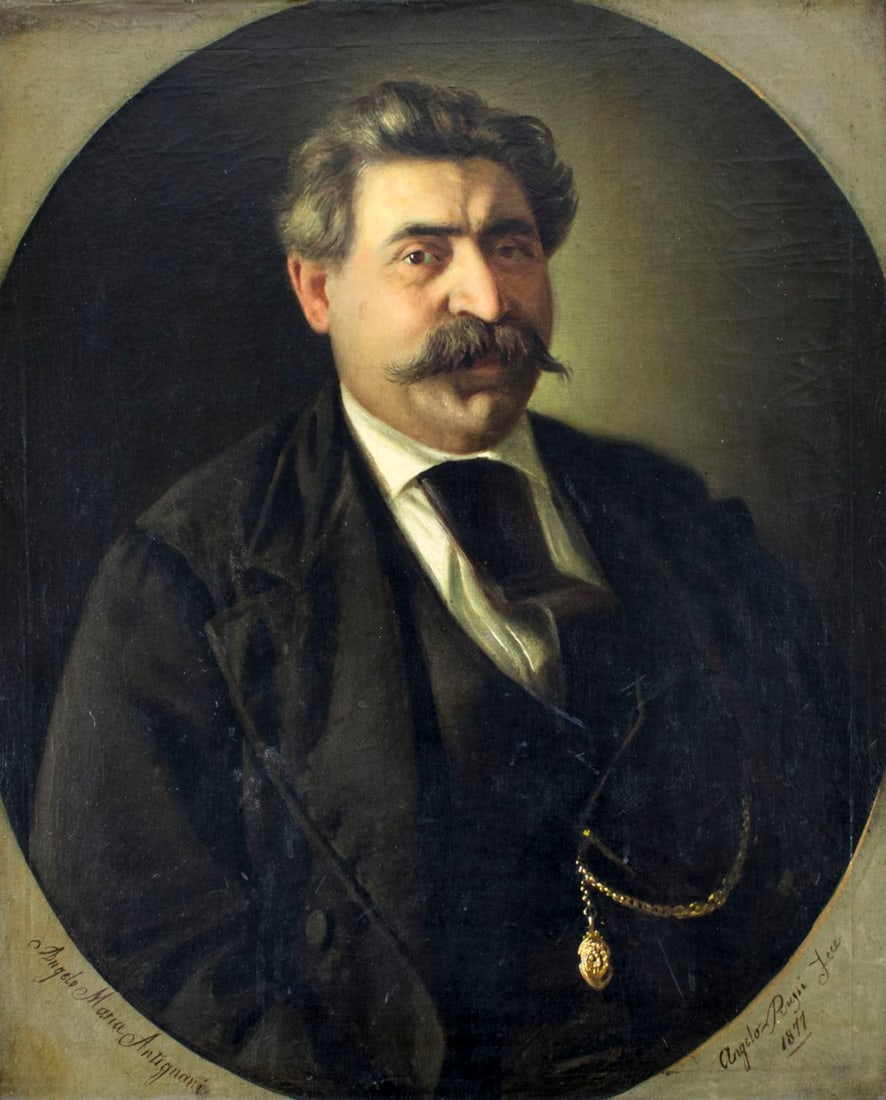 Antique 19C American oil painting signed: ARTIST: - (American, 19 century) NAME: Portrait of Man YEAR: 1877 MEDIUM: oil on canvas CONDITION: Relined. Some craquelure. Few very small scattered inpaintings/touch ups. SIGHT SIZE: 31 x 25 inches 
