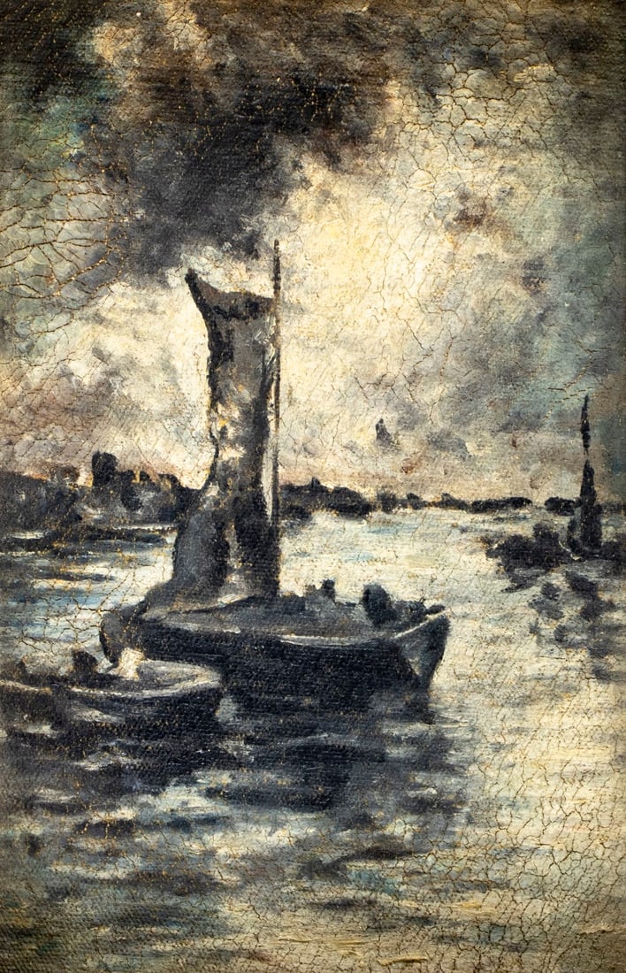Antique early 20C American oil painting: ARTIST: - (American, early 20 century) TITLE: Seascape with Boats MEDIUM: oil on canvas CONDITION: Some craquelure. No visible inpaint under UV light. ART SIZE: 9 x 6 inches / 22 x 15 cm FRAME SIZE: 1