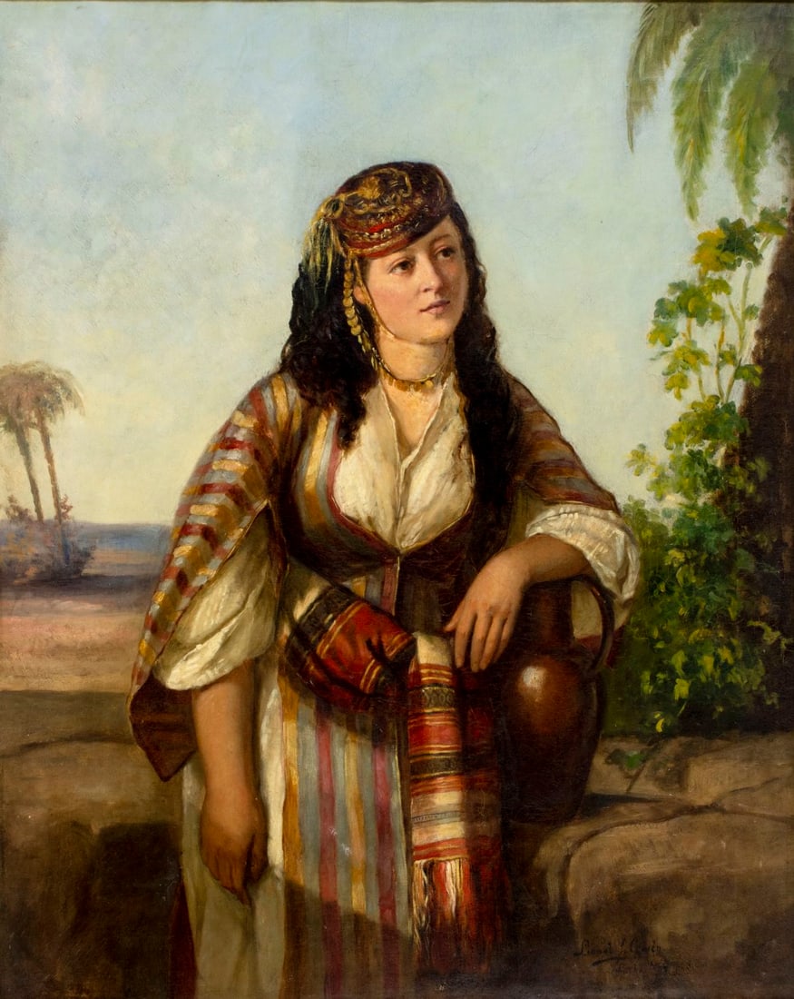 Lionel Jonas Cowen (UK,1847-1895) oil painting antique: ARTIST: Lionel Jonas Cowen (United Kingdom, 1847 - 1895) TITLE: Woman with Jug YEAR: 1868 MEDIUM: oil on canvas CONDITION: Few patches. Few minor paint losses. Some craquelure. One inpainted area (2"