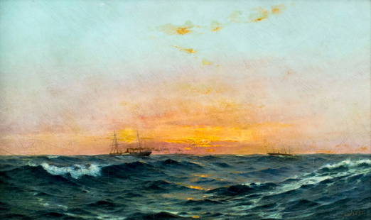 Henry Talbot (MA,1836-1924) oil painting antique: ARTIST: Henry Sylvester Talbot (Massachusetts, 1836 - 1924) NAME: Sunset Seascape with Ships MEDIUM: oil on canvas CONDITION: Some craquelure. No visible inpaint under UV light. Minor damages to frame