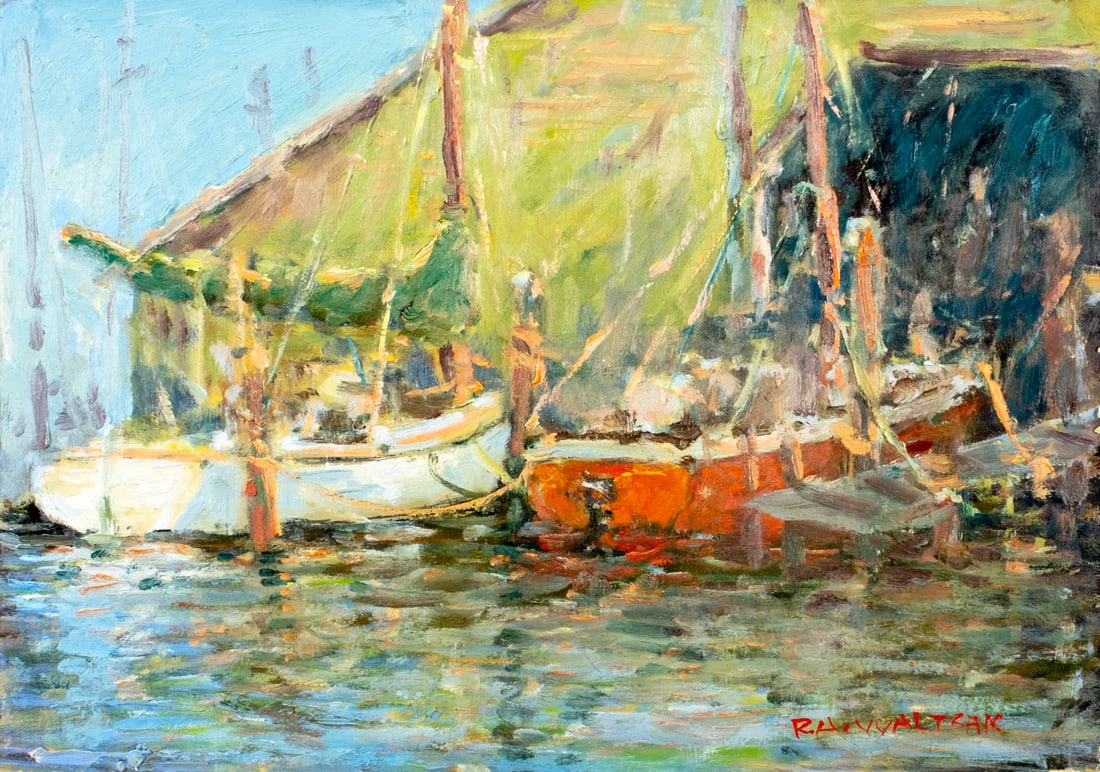 Robert Waltsak (NJ,b 1944) oil painting: ARTIST: Robert Alan Waltsak (New Jersey, born 1944) TITLE: Harbor Scene MEDIUM: oil on board CONDITION: Very good. No visible inpaint under UV light. ART SIZE: 12 x 17 inches / 30 x 43 cm FRAME SIZE: 