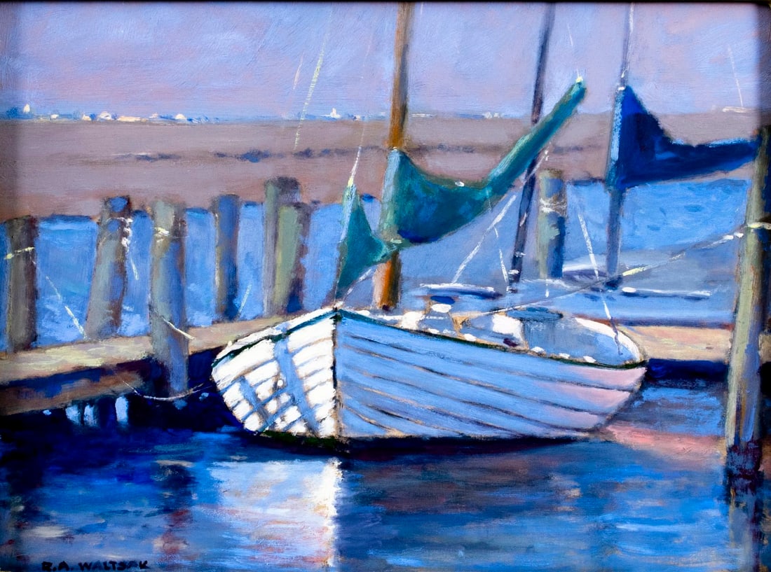 Robert Waltsak (NJ,b 1944) oil painting: ARTIST: Robert Alan Waltsak (New Jersey, born 1944) TITLE: Harbor Scene with Boat MEDIUM: oil on board CONDITION: Very good. No visible inpaint under UV light. Minor scratches to frame. ART SIZE: 12 x