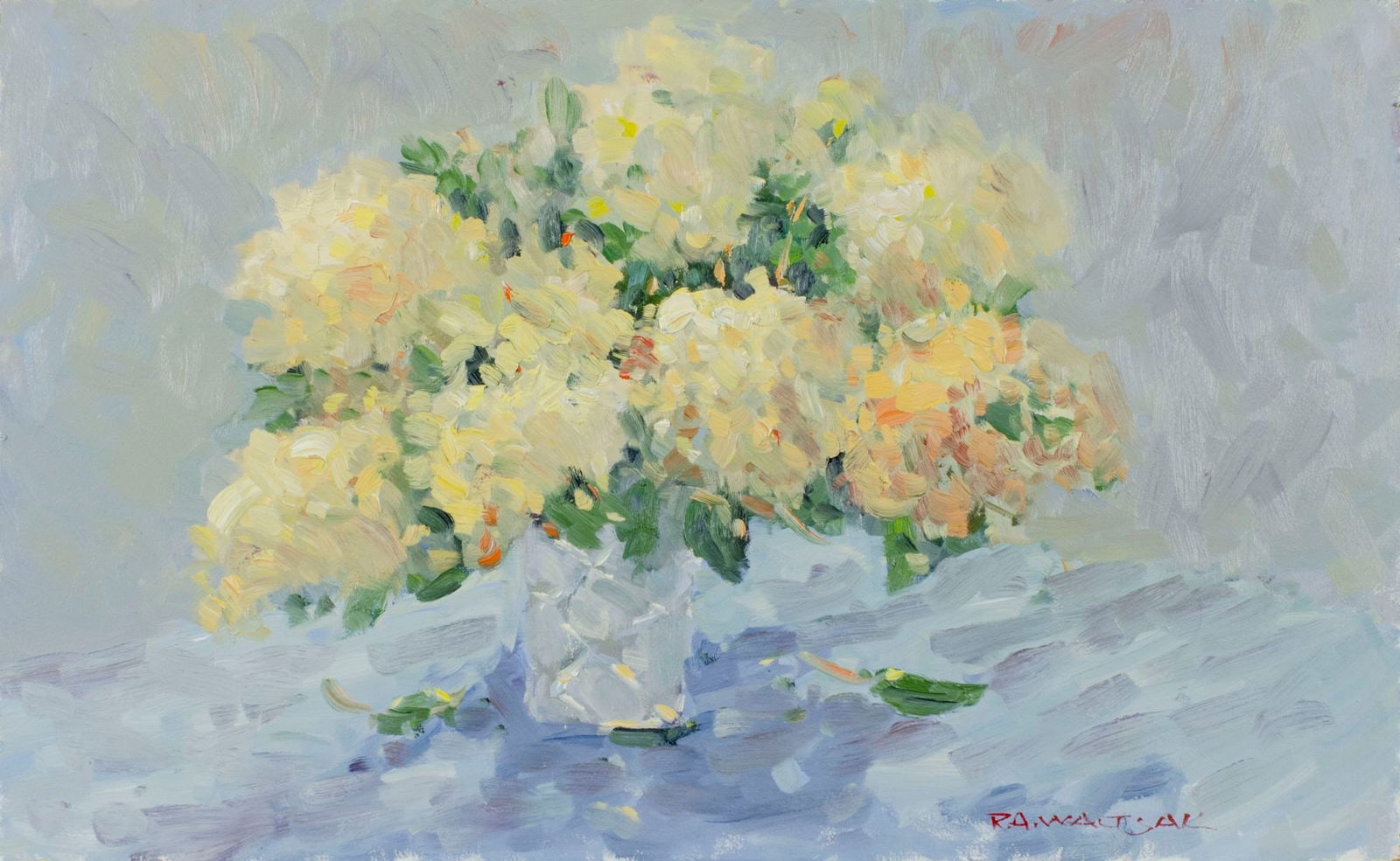 Robert Waltsak (NJ,b 1944) oil painting: ARTIST: Robert Alan Waltsak (New Jersey, born 1944) TITLE: Still Life with Vase of Flowers MEDIUM: oil on board CONDITION: Very good. No visible inpaint under UV light. ART SIZE: 16 x 26 inches / 40 x