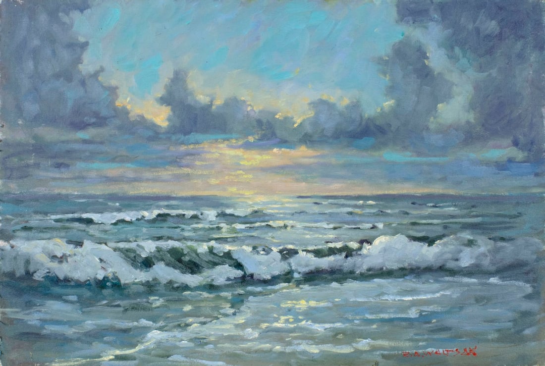 Robert Waltsak (NJ,b 1944) oil painting: ARTIST: Robert Alan Waltsak (New Jersey, born 1944) TITLE: Sunset Seascape YEAR: 2020 MEDIUM: oil on canvas board CONDITION: Very good. No visible inpaint under UV light. ART SIZE: 20 x 30 inches / 50