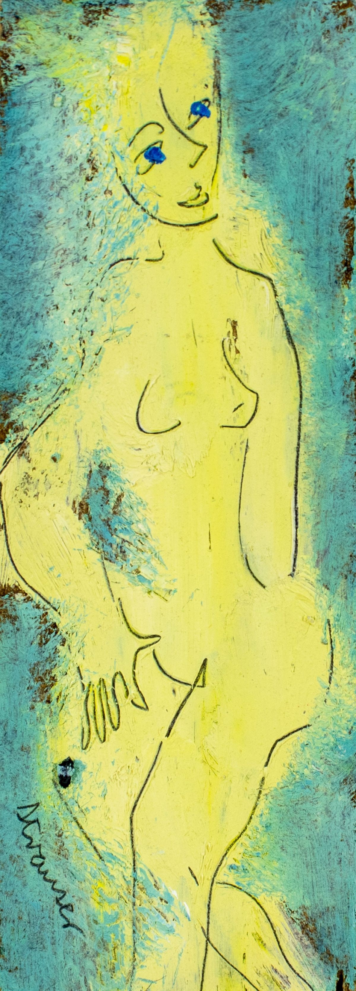 Sterling Strauser (PA,1907-1995) oil painting: ARTIST: Sterling Boyd Strauser (Pennsylvania, 1907 - 1995) TITLE: Nude MEDIUM: oil on board CONDITION: Very good. No visible inpaint under UV light. ART SIZE: 6 x 2 inches / 15 x 5 cm FRAME SIZE: unfr