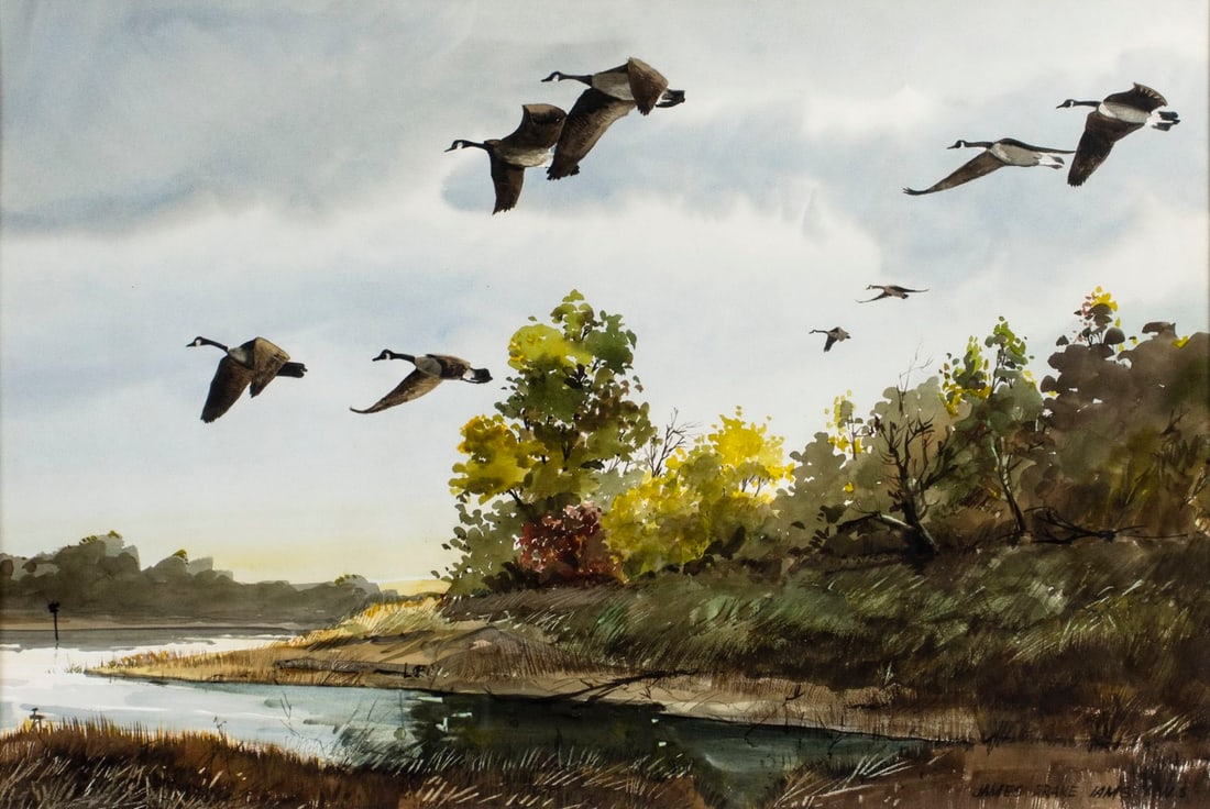James Iams (PA,MD,20C) watercolor painting: ARTIST: James Drake Iams (Pennsylvania, Maryland, 20 century) TITLE: Flying Geese MEDIUM: watercolor on paper CONDITION: Very good. Framed under glass. ART SIZE: 14 x 21 inches / 35 x 53 cm FRAME SIZE